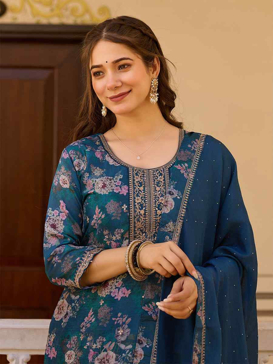 Blue Chinon Embroidered Festival Casual Ready Pant Salwar Kameez