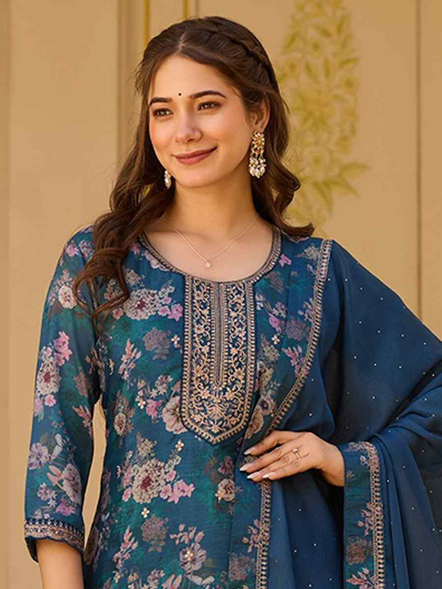 Blue Chinon Embroidered Festival Casual Ready Pant Salwar Kameez