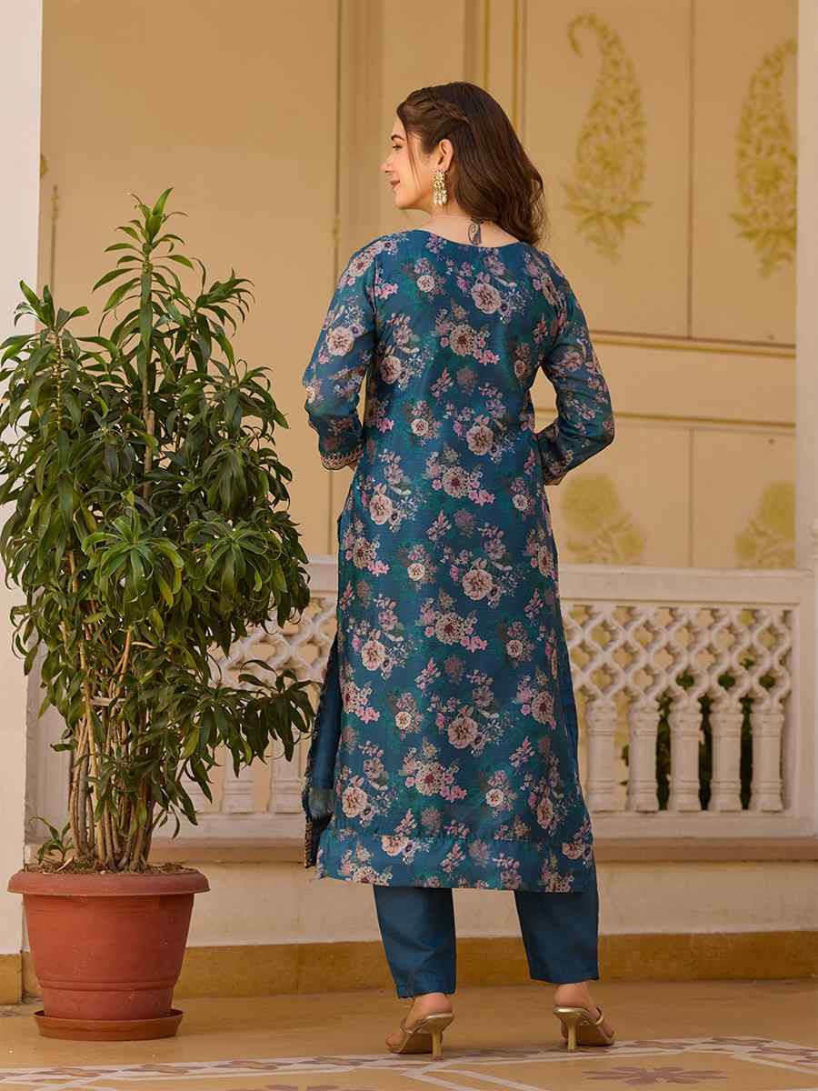 Blue Chinon Embroidered Festival Casual Ready Pant Salwar Kameez