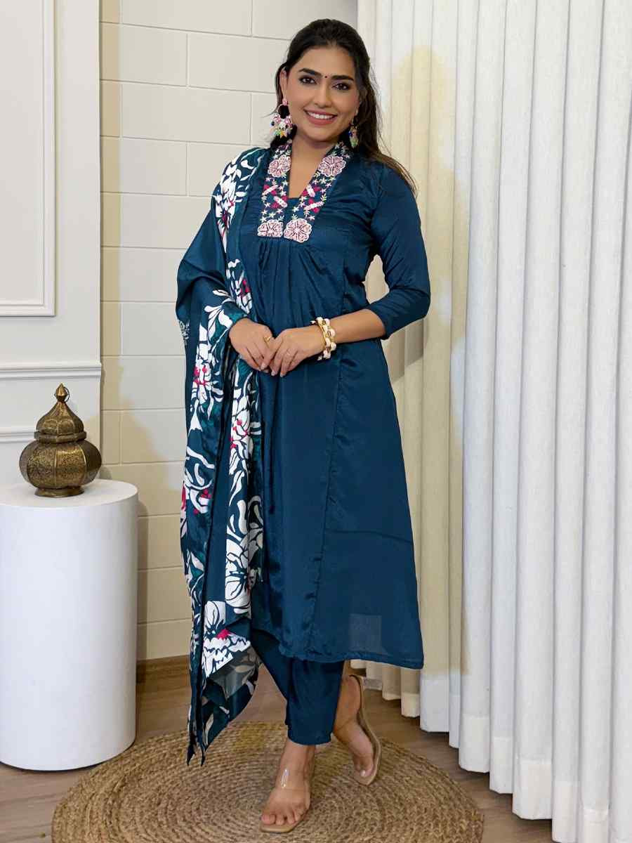 Blue Chinon Embroidered Festival Casual Ready Pant Salwar Kameez