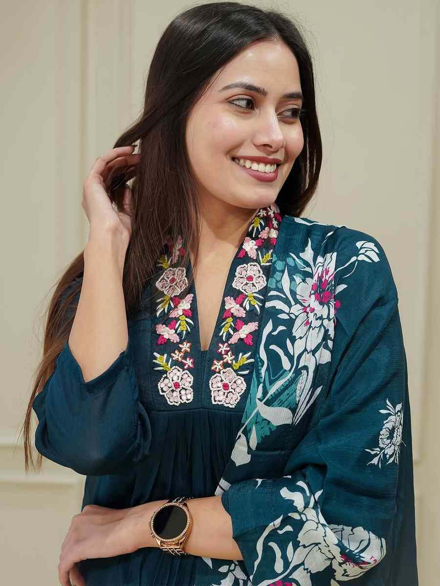 Blue Chinon Embroidered Festival Casual Ready Pant Salwar Kameez