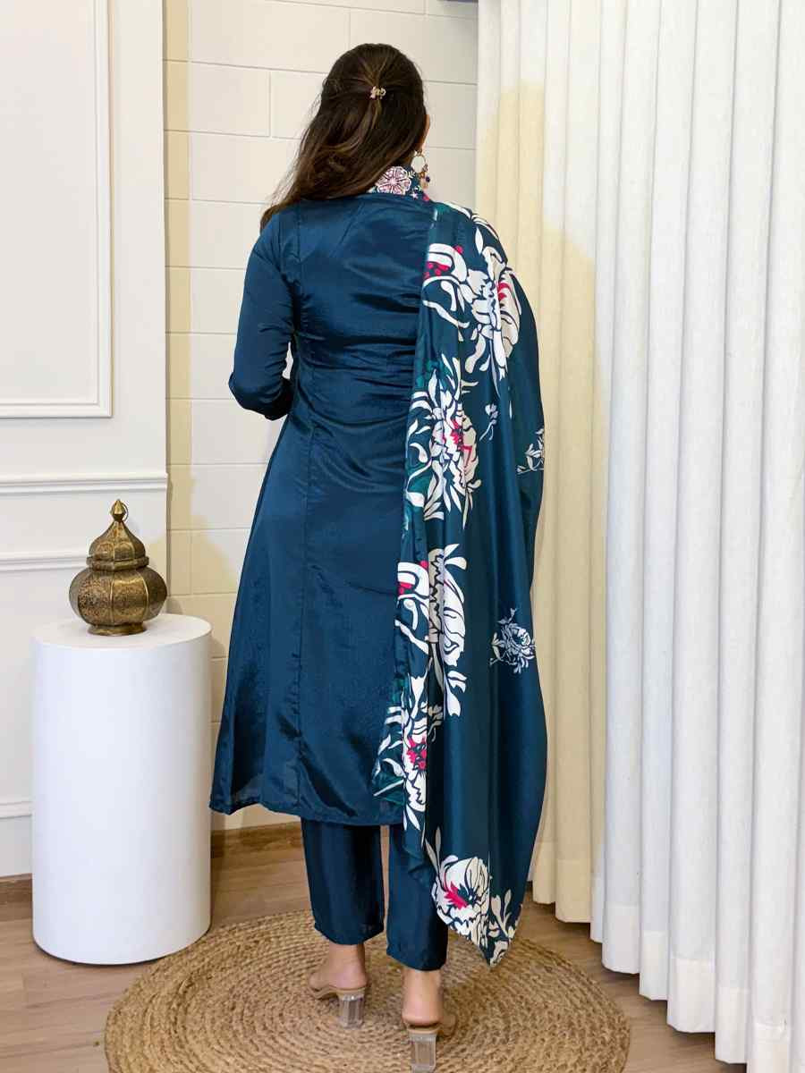 Blue Chinon Embroidered Festival Casual Ready Pant Salwar Kameez