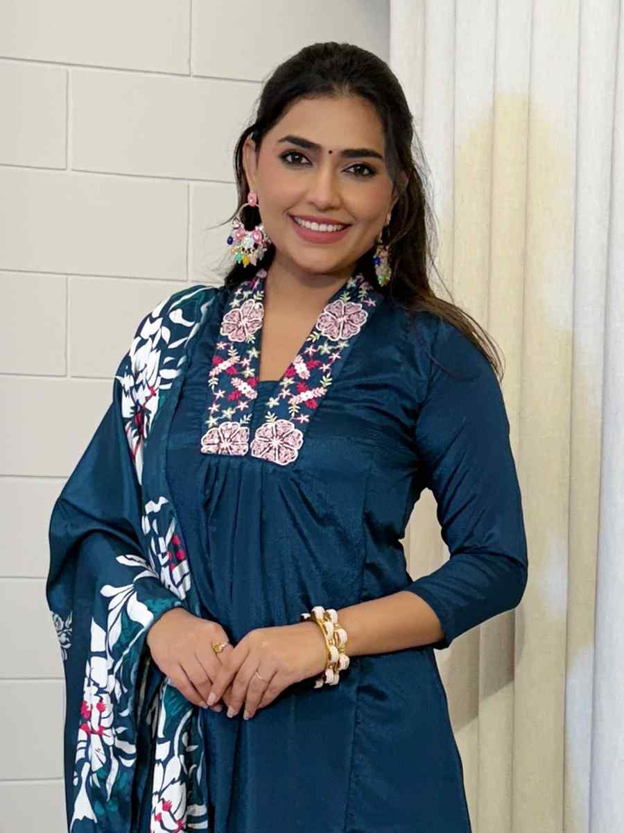 Blue Chinon Embroidered Festival Casual Ready Pant Salwar Kameez
