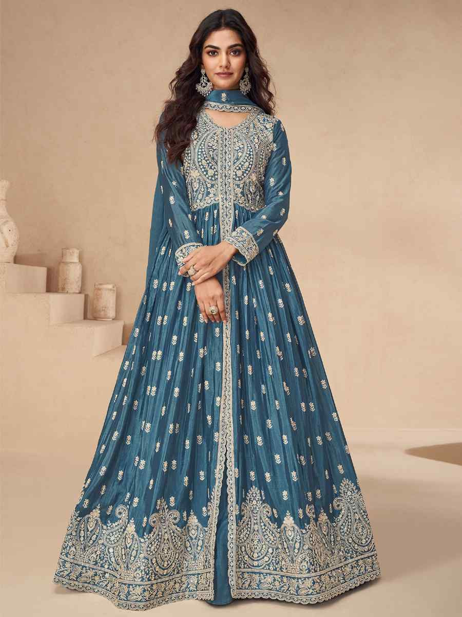 Blue Chinon Embroidered Festival Wedding Anarkali Salwar Kameez