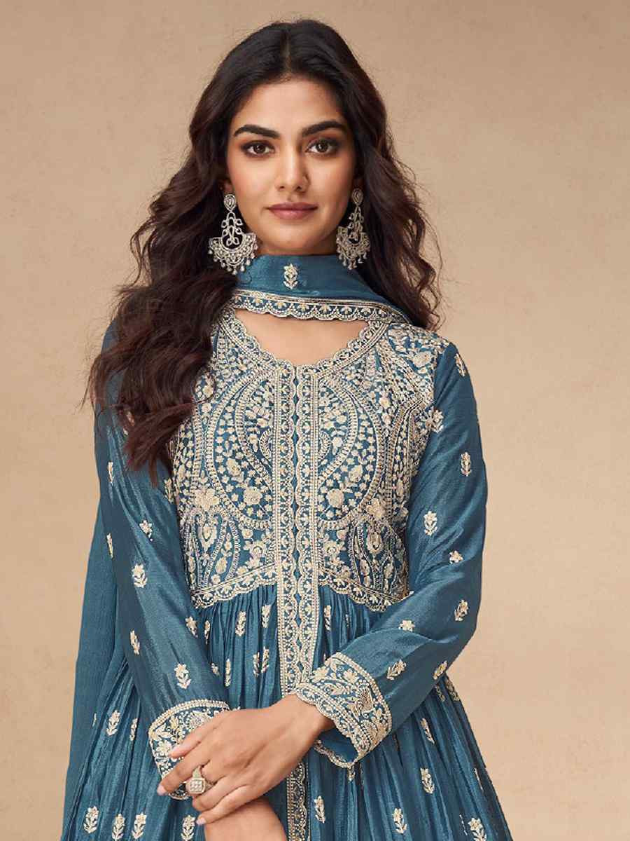 Blue Chinon Embroidered Festival Wedding Anarkali Salwar Kameez