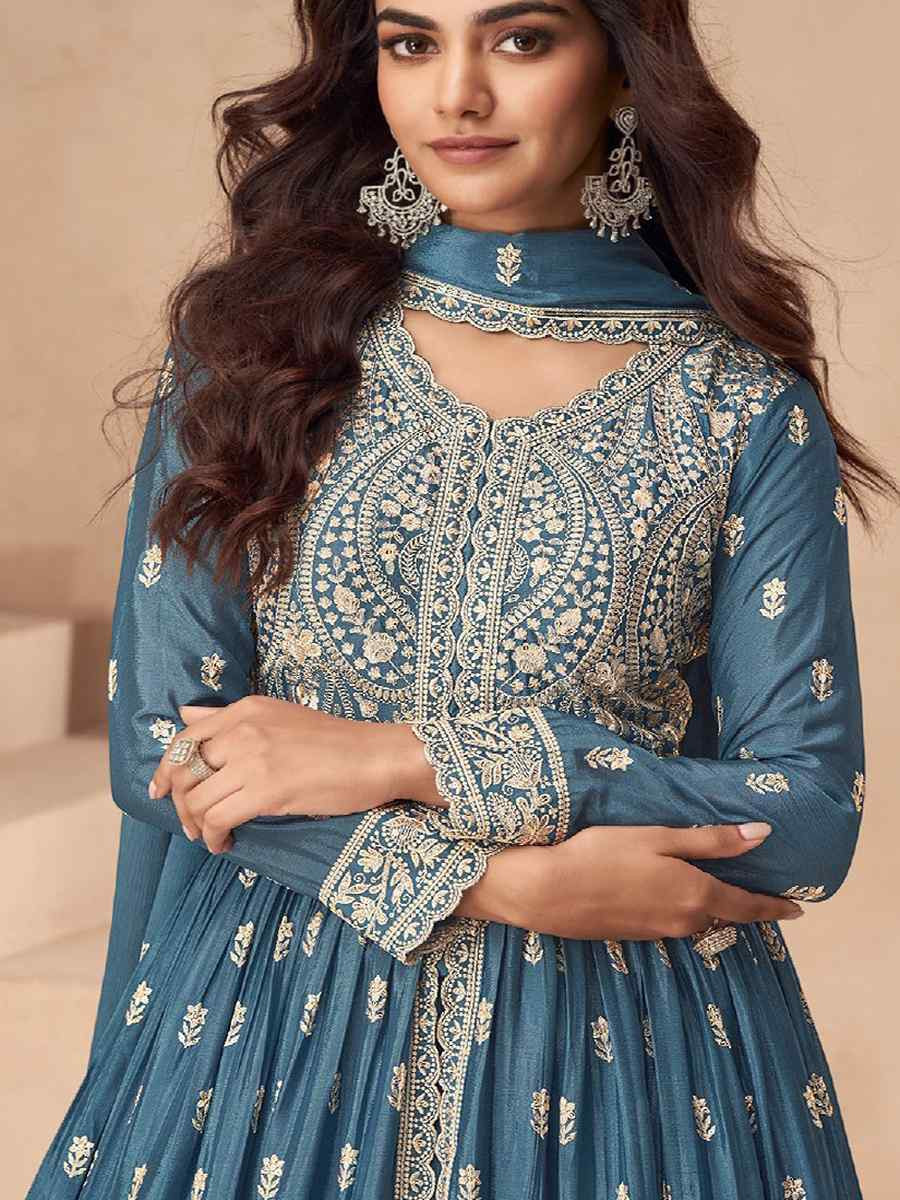 Blue Chinon Embroidered Festival Wedding Anarkali Salwar Kameez