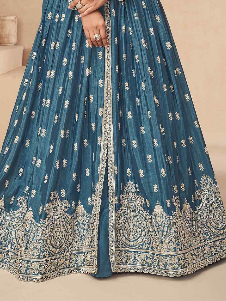 Blue Chinon Embroidered Festival Wedding Anarkali Salwar Kameez