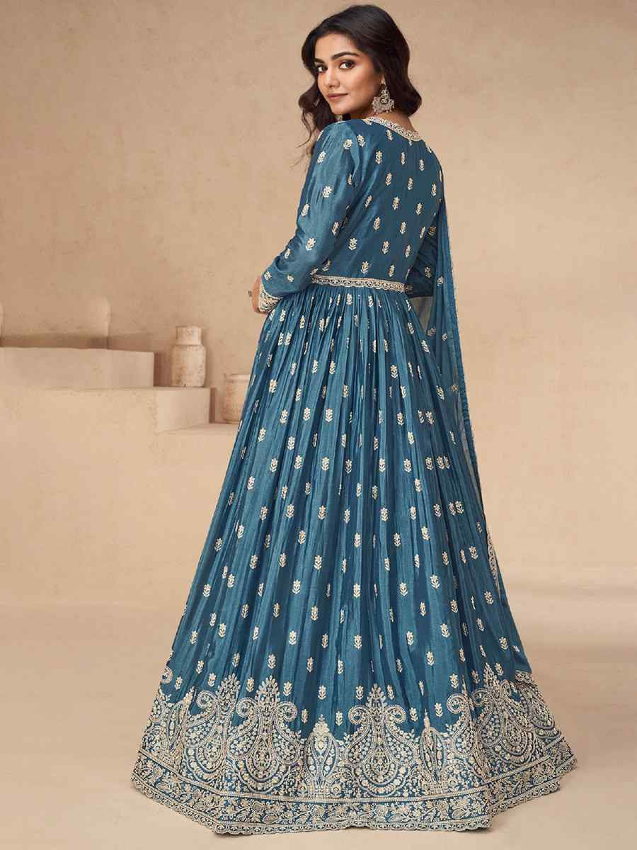Blue Chinon Embroidered Festival Wedding Anarkali Salwar Kameez