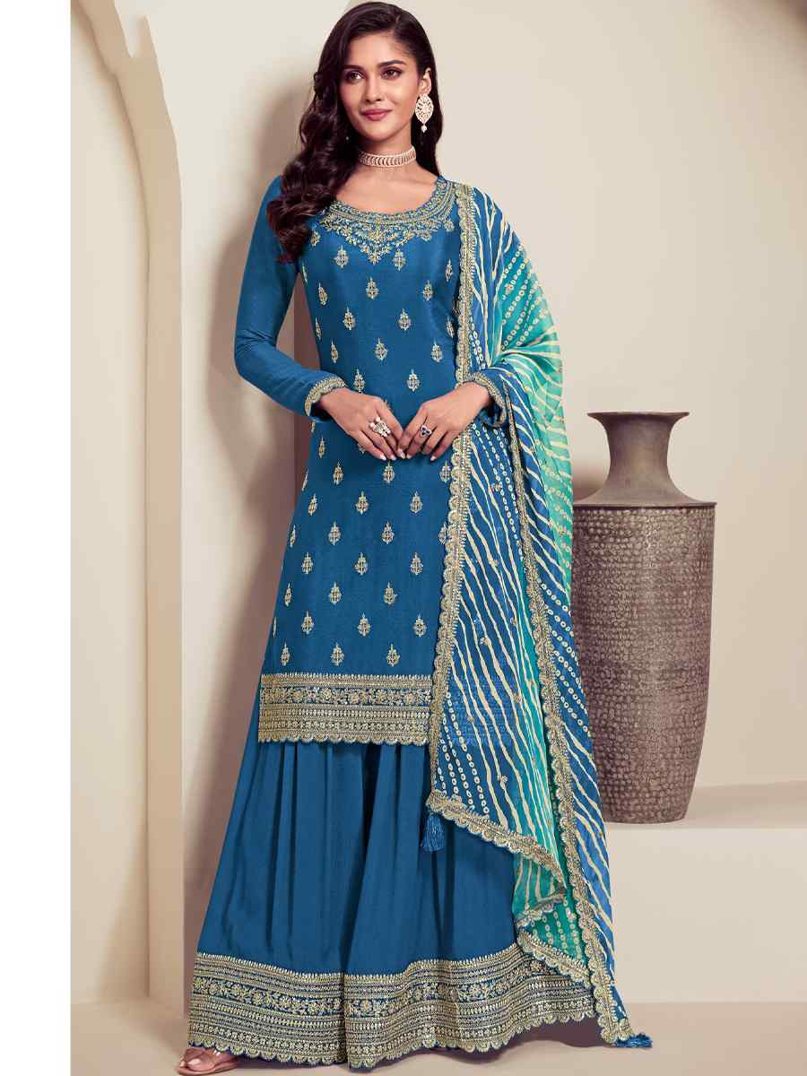 Blue Chinon Embroidered Festival Wedding Palazzo Pant Salwar Kameez