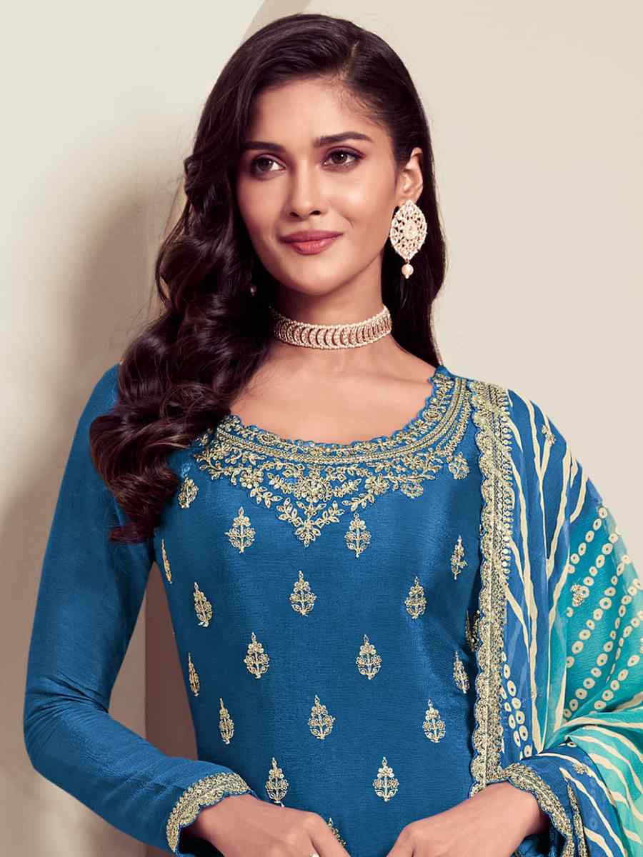 Blue Chinon Embroidered Festival Wedding Palazzo Pant Salwar Kameez