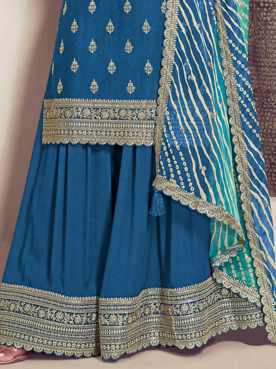 Blue Chinon Embroidered Festival Wedding Palazzo Pant Salwar Kameez