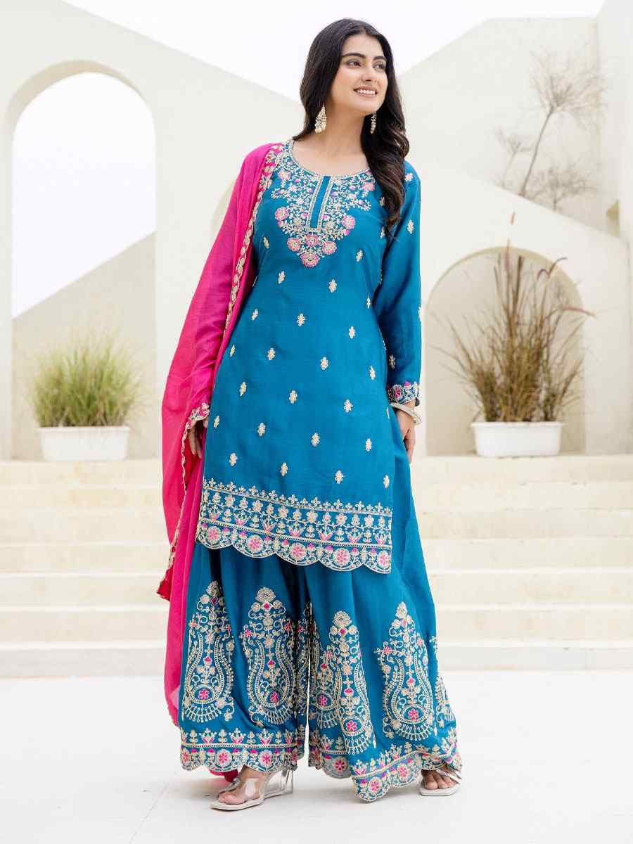 Blue Chinon Embroidery Party Wedding Festival Casual Ready Palazzo Pant Salwar Kameez