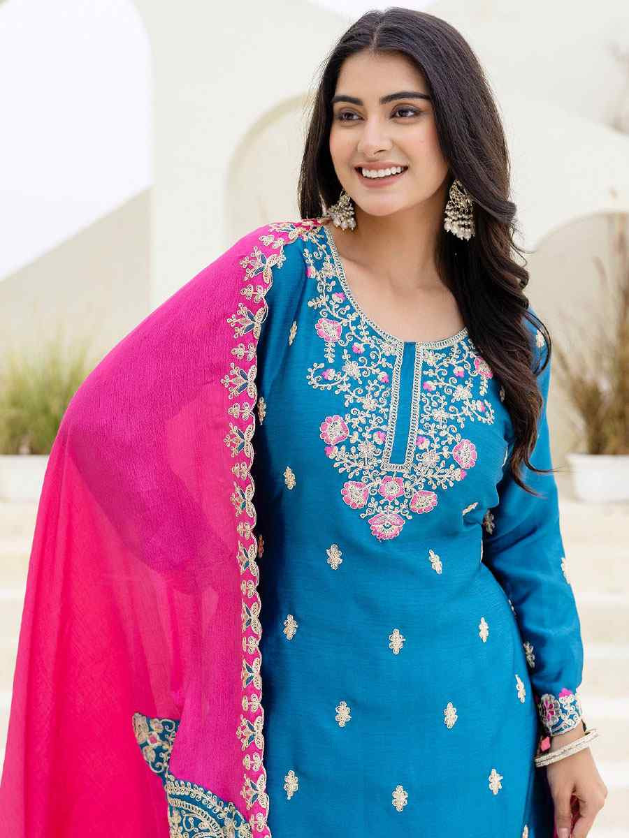 Blue Chinon Embroidery Party Wedding Festival Casual Ready Palazzo Pant Salwar Kameez