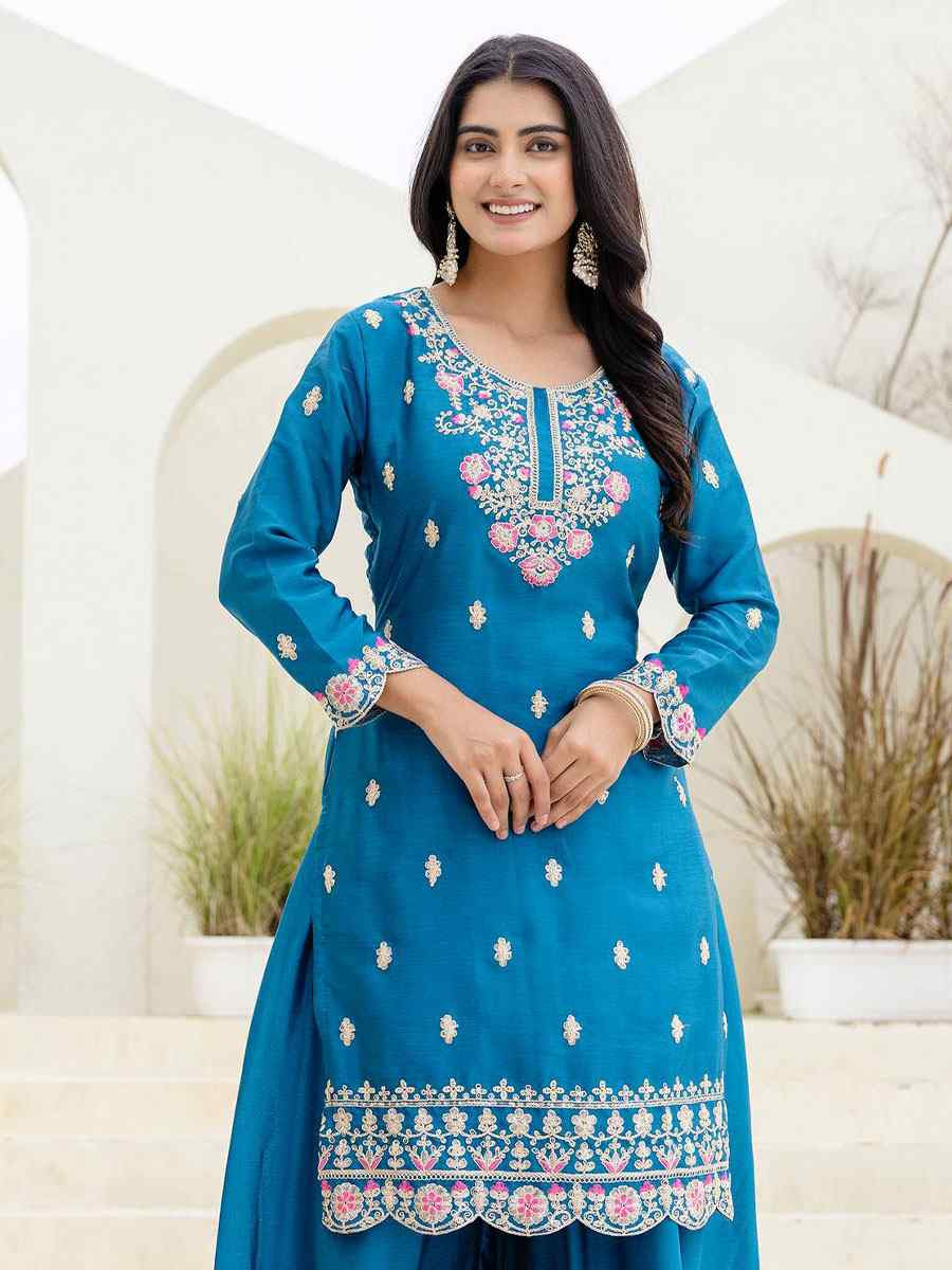 Blue Chinon Embroidery Party Wedding Festival Casual Ready Palazzo Pant Salwar Kameez