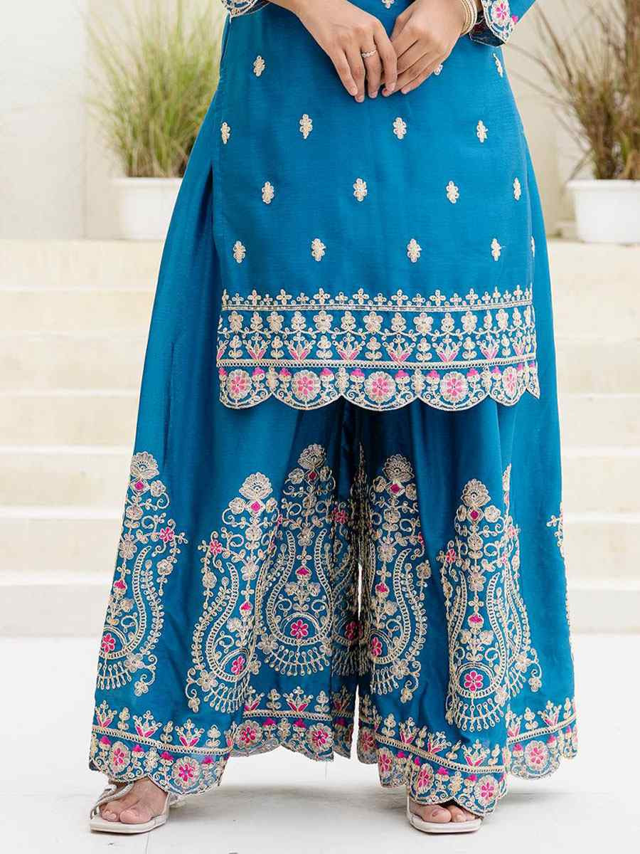 Blue Chinon Embroidery Party Wedding Festival Casual Ready Palazzo Pant Salwar Kameez