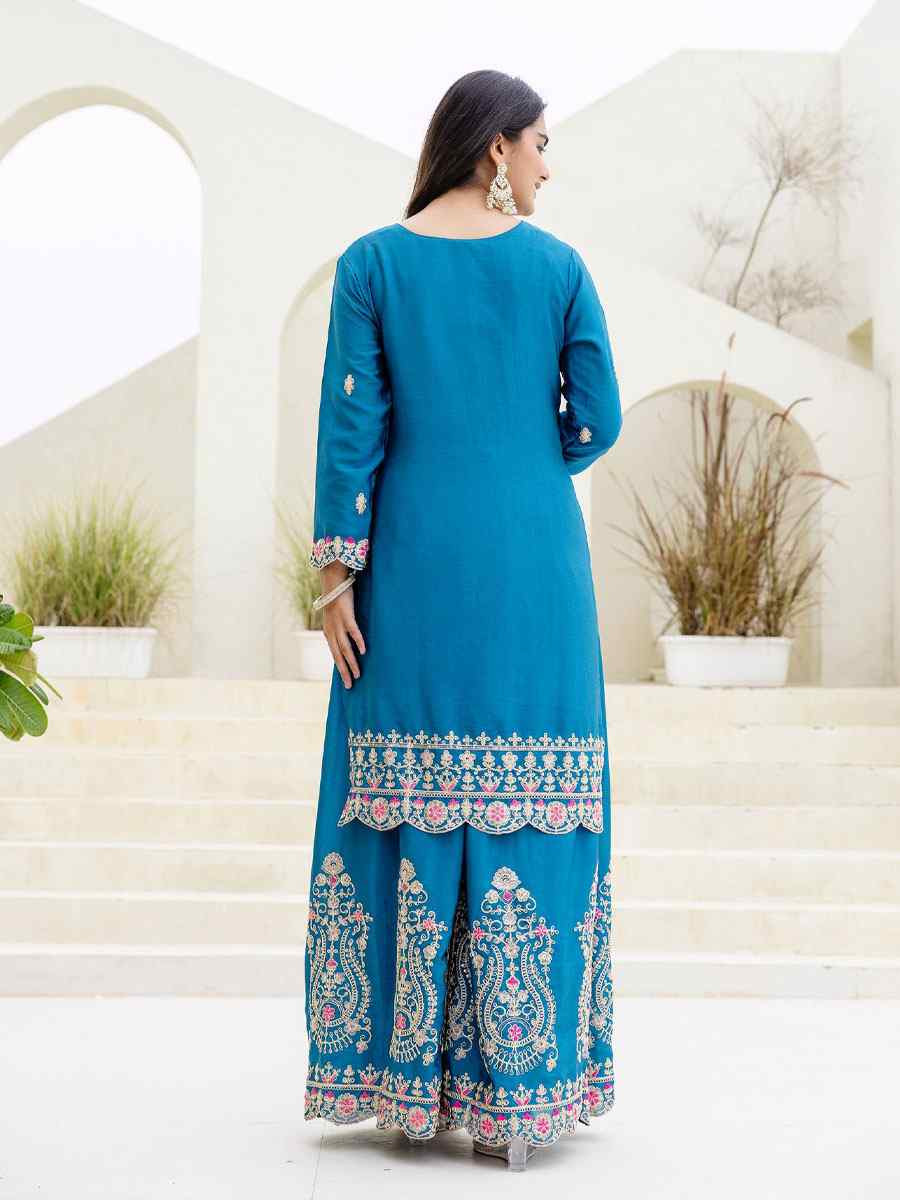 Blue Chinon Embroidery Party Wedding Festival Casual Ready Palazzo Pant Salwar Kameez