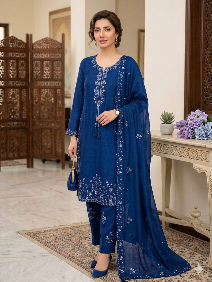 Blue Chinon Embroidery Wedding Party Festival Casual Ready Palazzo Pant Salwar Kameez