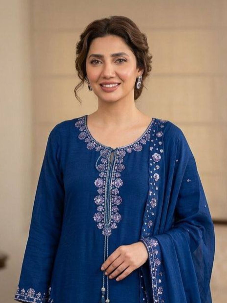 Blue Chinon Embroidery Wedding Party Festival Casual Ready Palazzo Pant Salwar Kameez