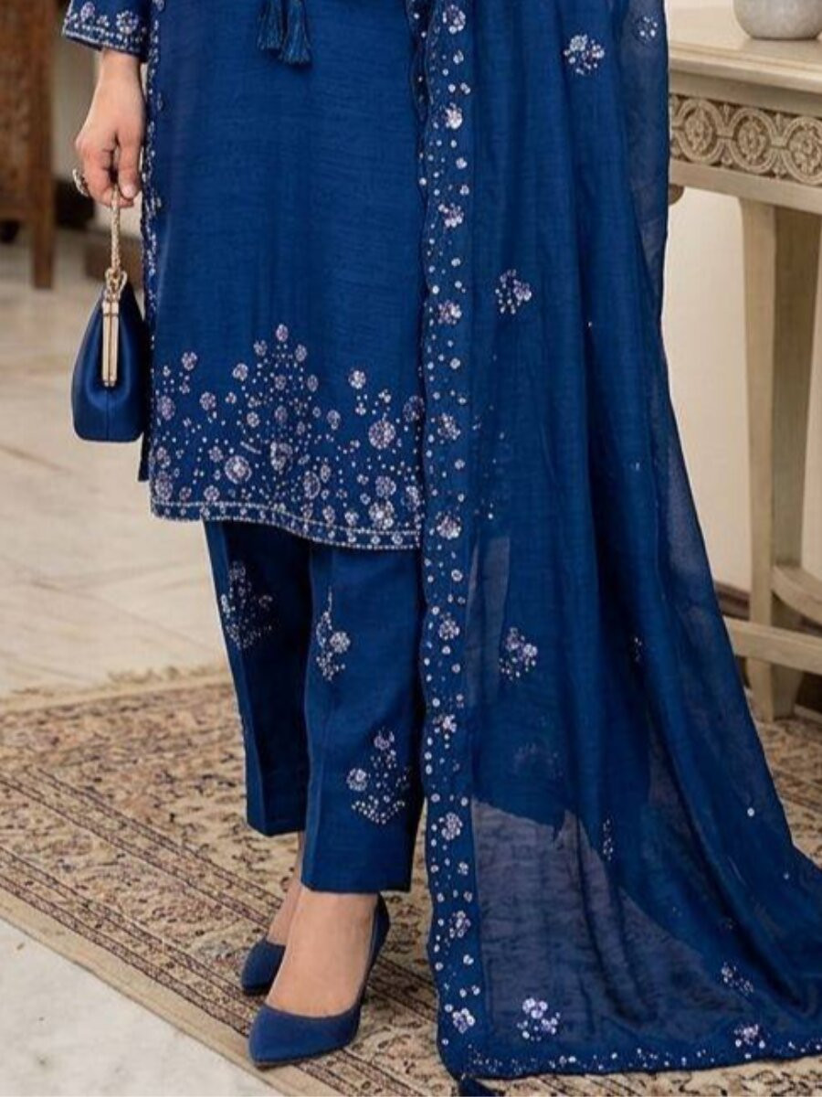 Blue Chinon Embroidery Wedding Party Festival Casual Ready Palazzo Pant Salwar Kameez