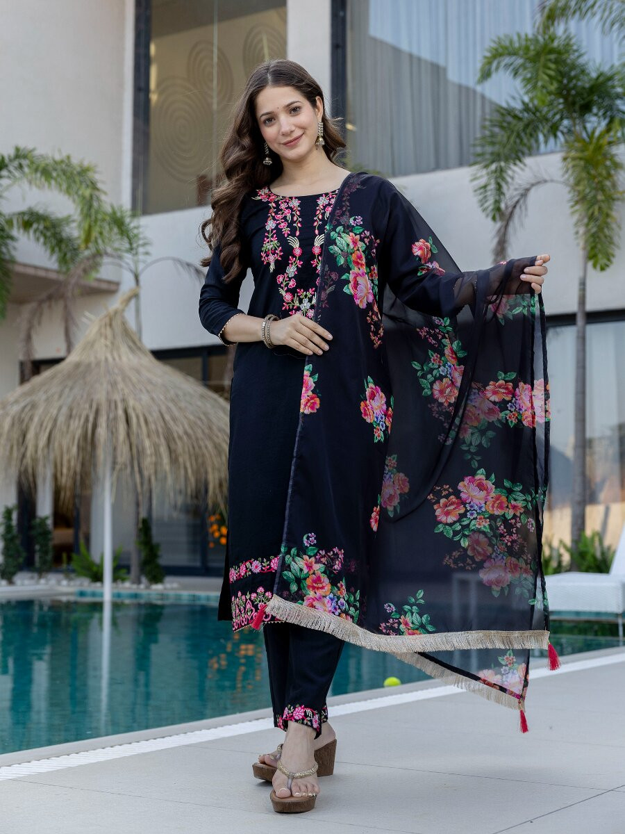 Blue Chinon Embroidery Wedding Party Festival Casual Ready Palazzo Pant Salwar Kameez