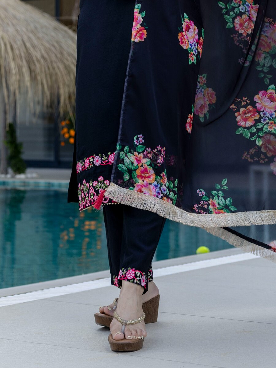 Blue Chinon Embroidery Wedding Party Festival Casual Ready Palazzo Pant Salwar Kameez