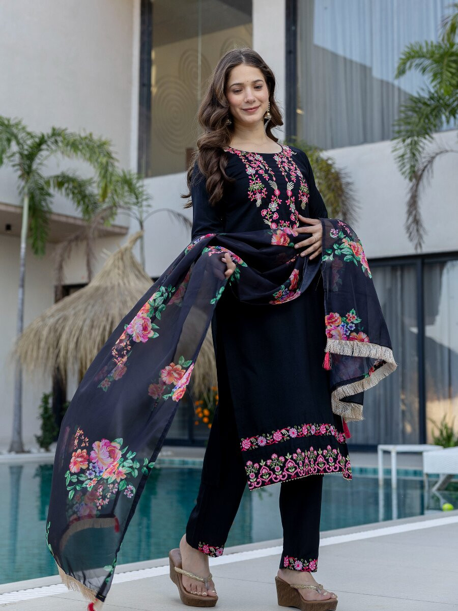 Blue Chinon Embroidery Wedding Party Festival Casual Ready Palazzo Pant Salwar Kameez