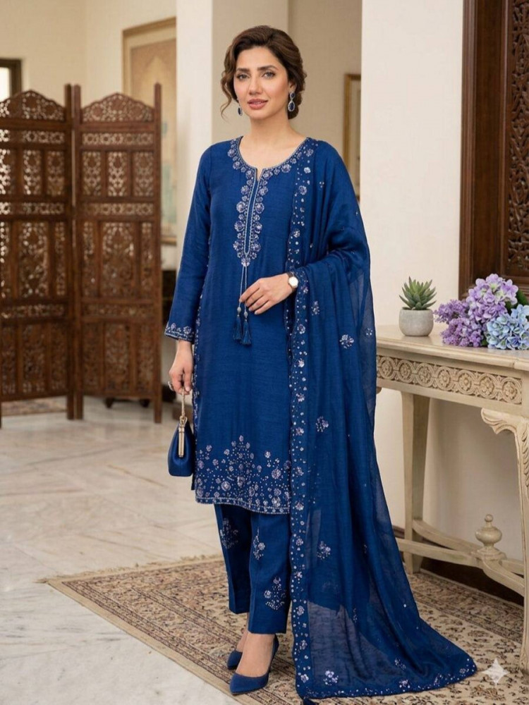 Image of Blue Chinon Embroidery Wedding Party Festival Casual Ready Palazzo Pant Salwar Kameez