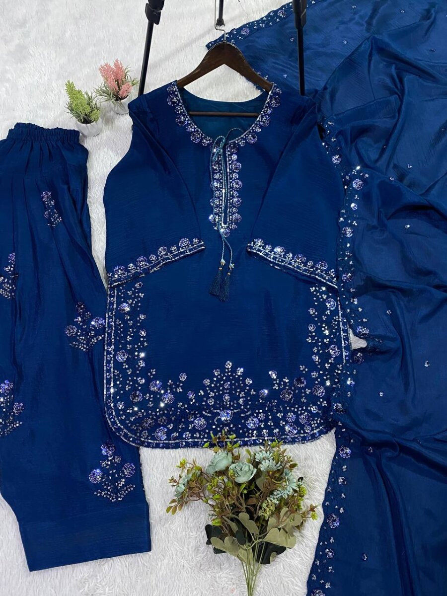 Blue Chinon Embroidery Wedding Party Festival Casual Ready Palazzo Pant Salwar Kameez