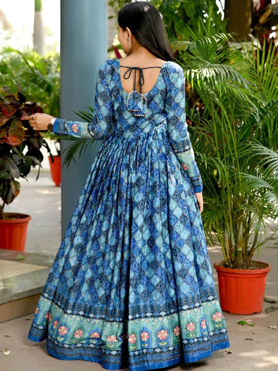 Blue Chinon Printed Festival Casual Gown