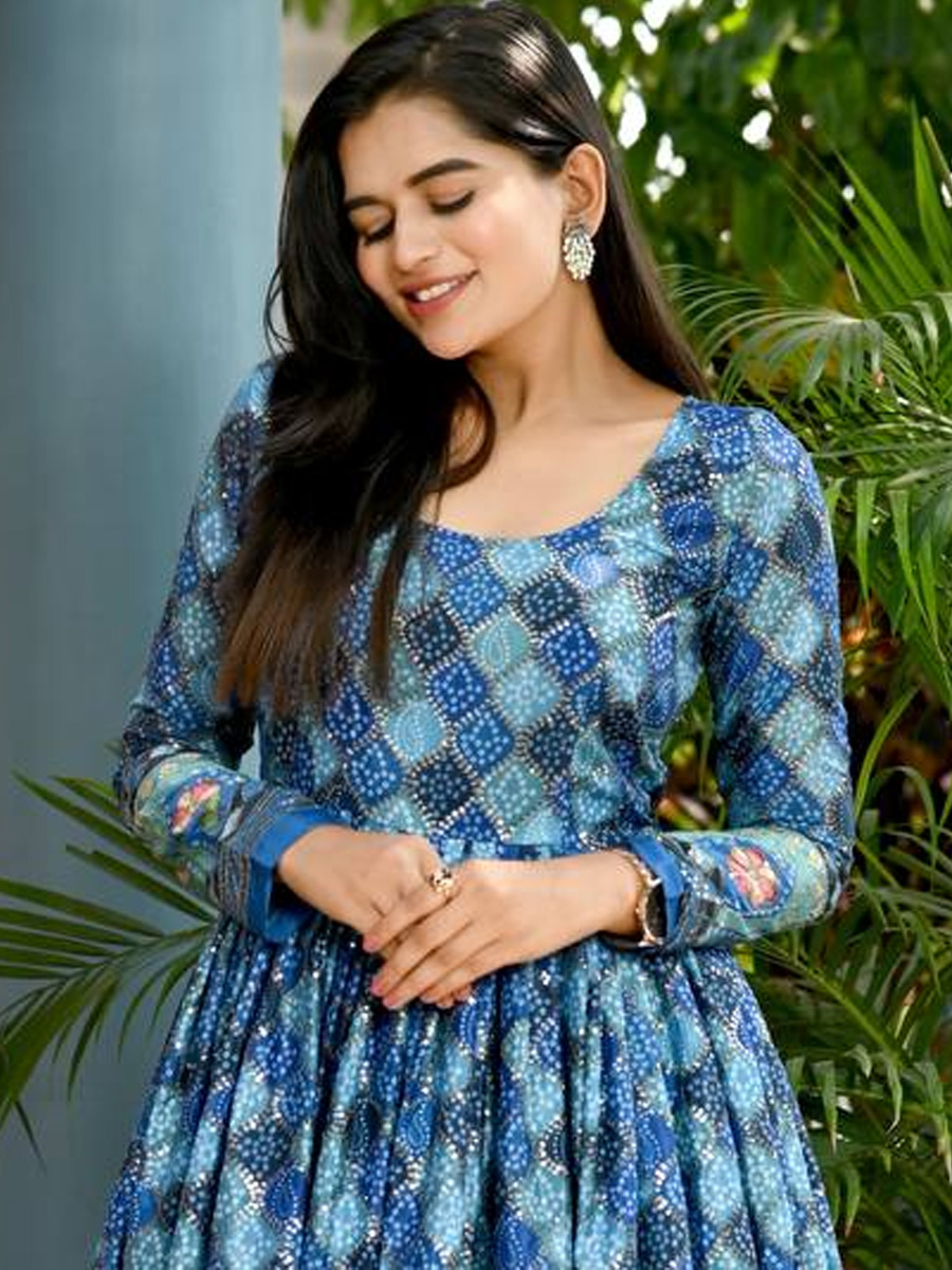 Blue Chinon Printed Festival Casual Gown