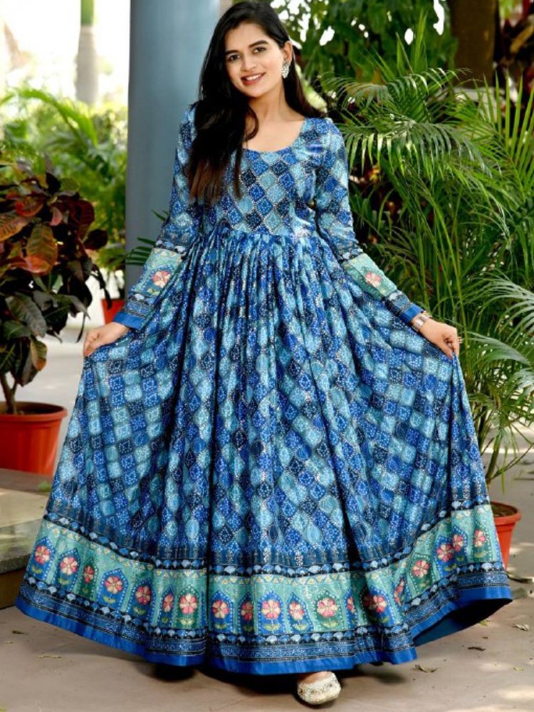 Blue Chinon Printed Festival Casual Gown