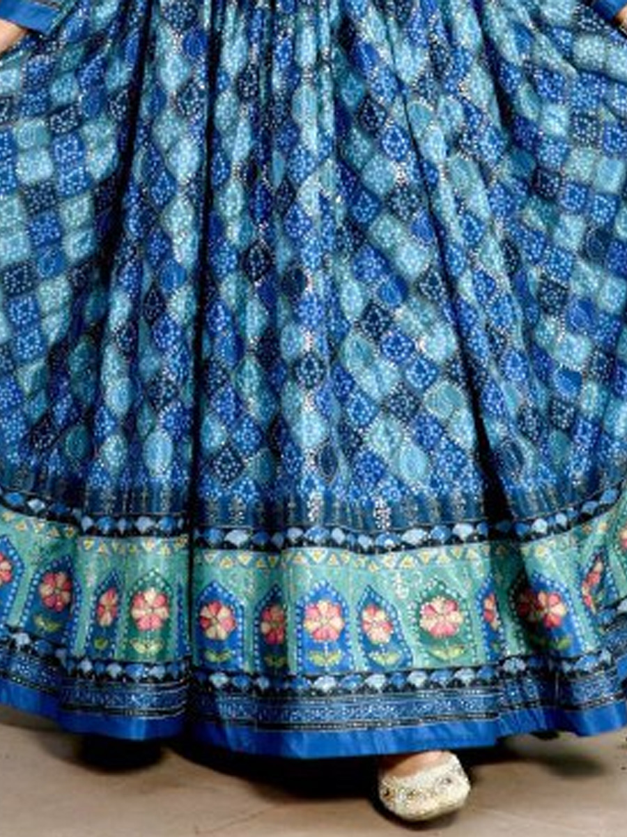 Blue Chinon Printed Festival Casual Gown