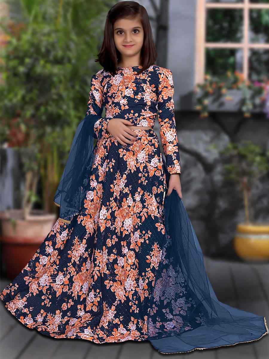 Blue Chinon Printed Festival Party Lehengas Girls Wear