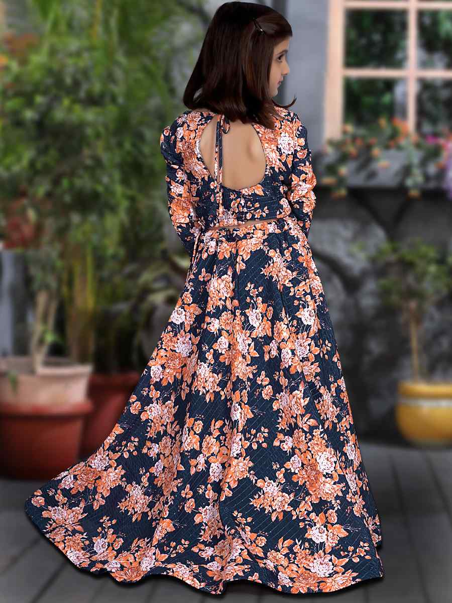 Blue Chinon Printed Festival Party Lehengas Girls Wear