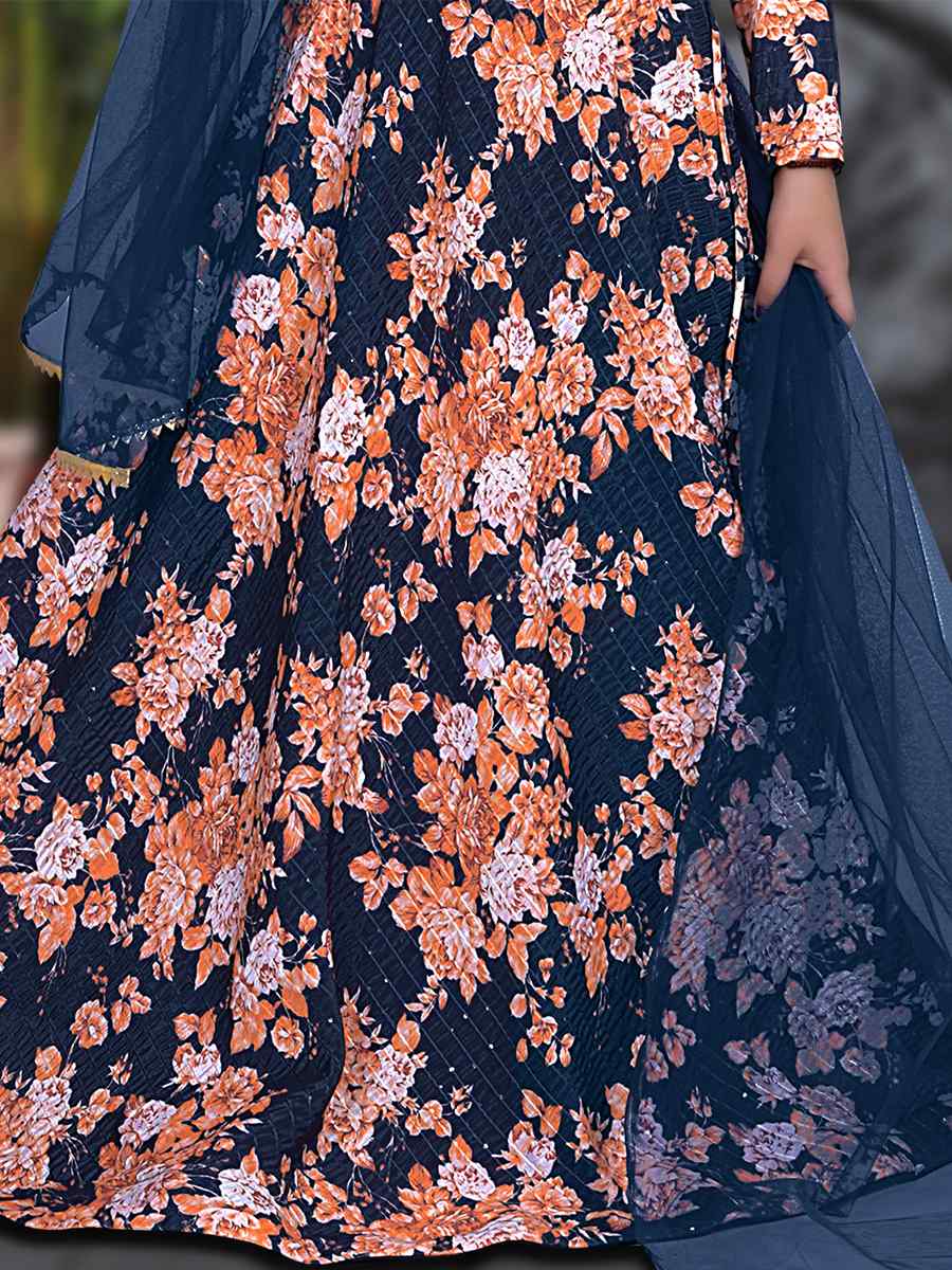 Blue Chinon Printed Festival Party Lehengas Girls Wear