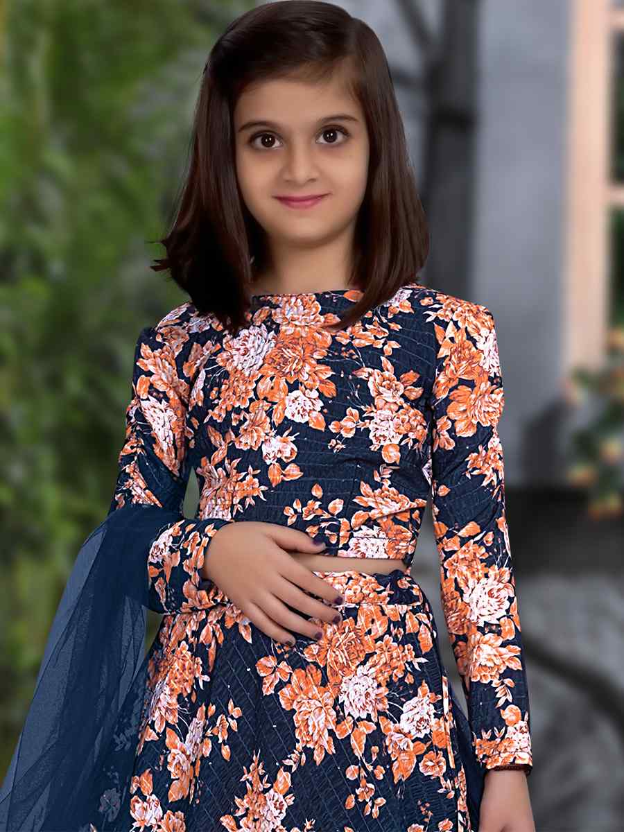Blue Chinon Printed Festival Party Lehengas Girls Wear