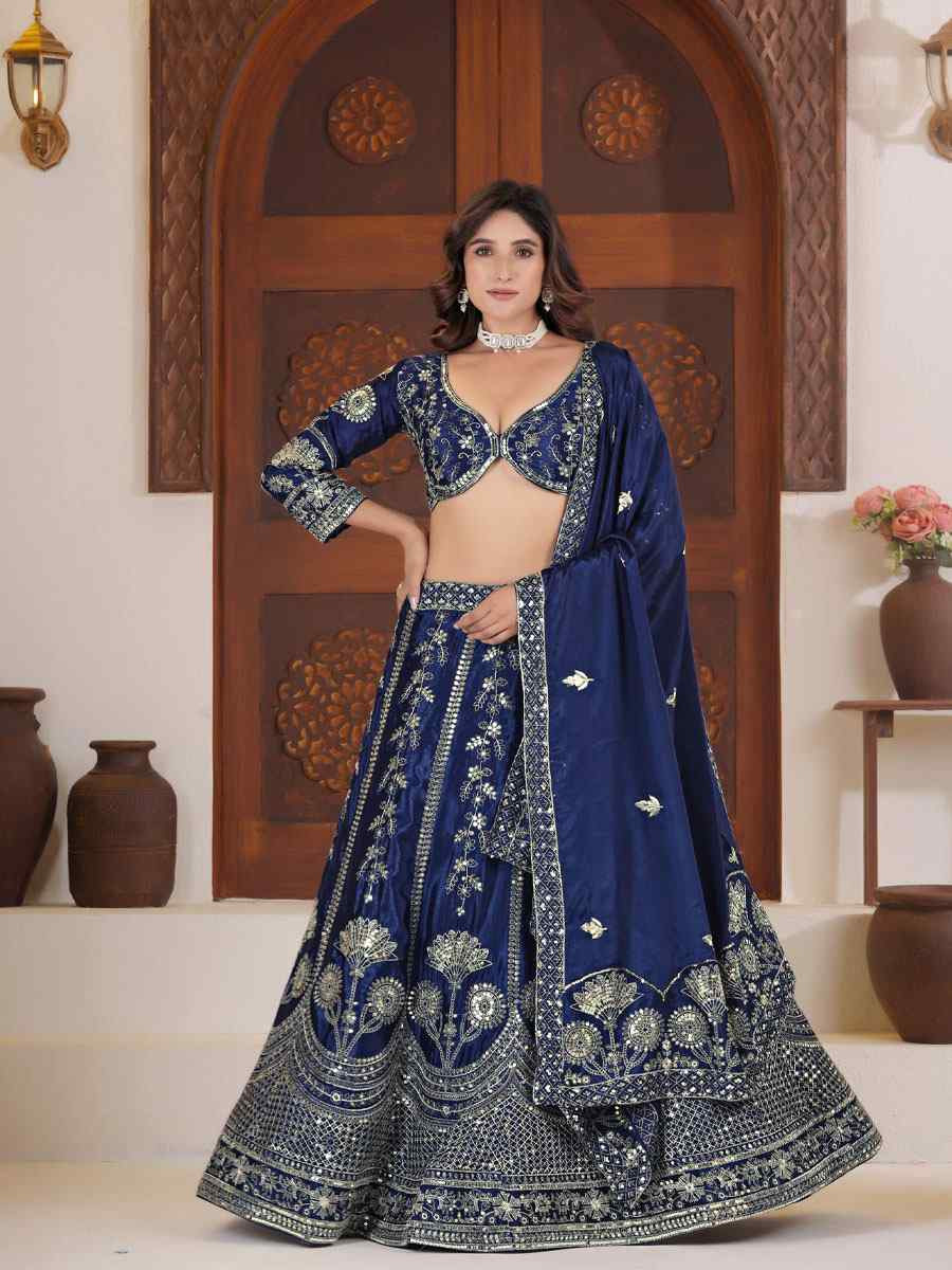 Blue Chinon Silk Embroidered Bridal Wedding Reception Festival Heavy Border Lehenga Choli