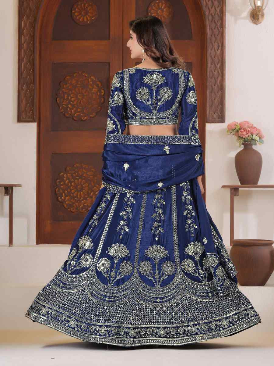 Blue Chinon Silk Embroidered Bridal Wedding Reception Festival Heavy Border Lehenga Choli