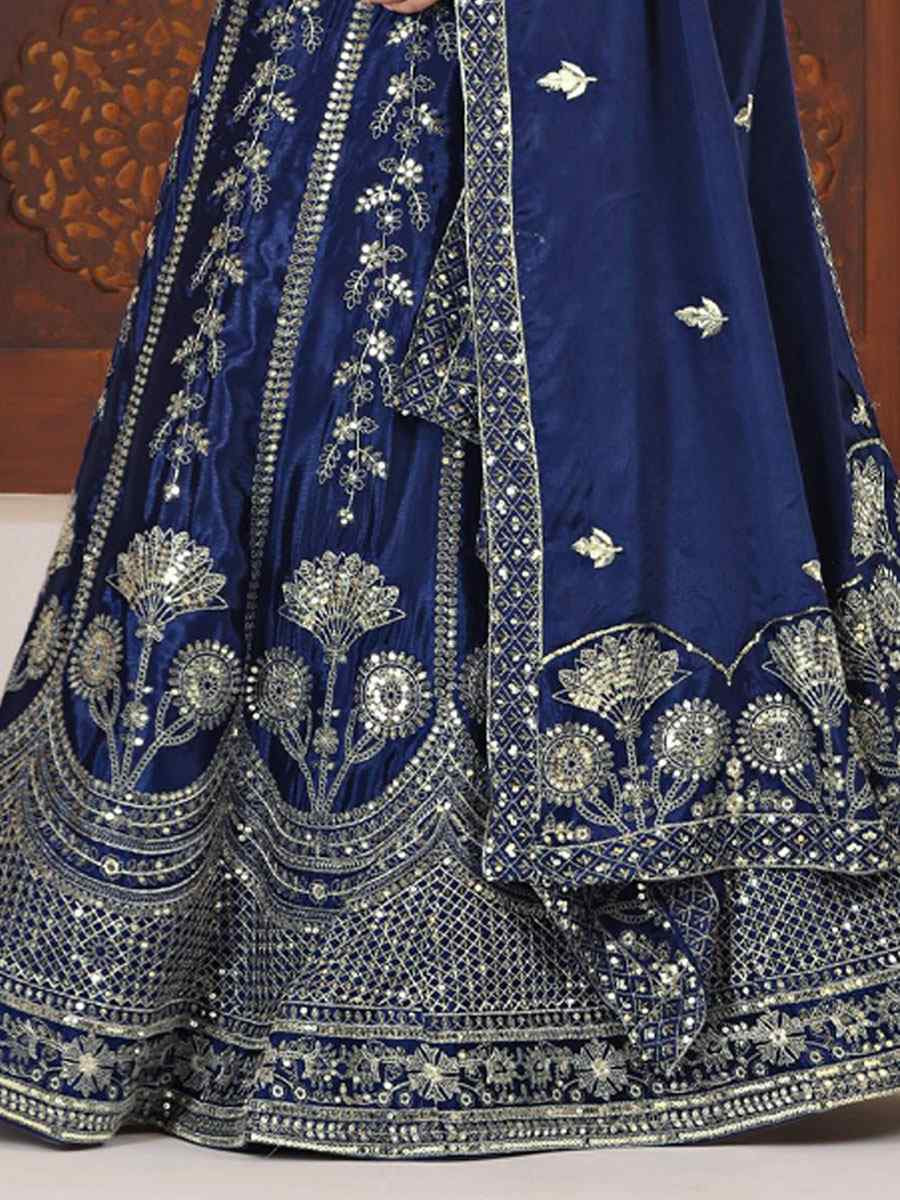 Blue Chinon Silk Embroidered Bridal Wedding Reception Festival Heavy Border Lehenga Choli