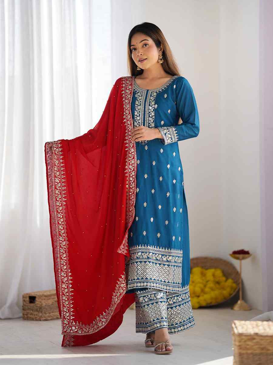 Blue Chinon Silk Embroidered Festival Casual Ready Palazzo Pant Salwar Kameez