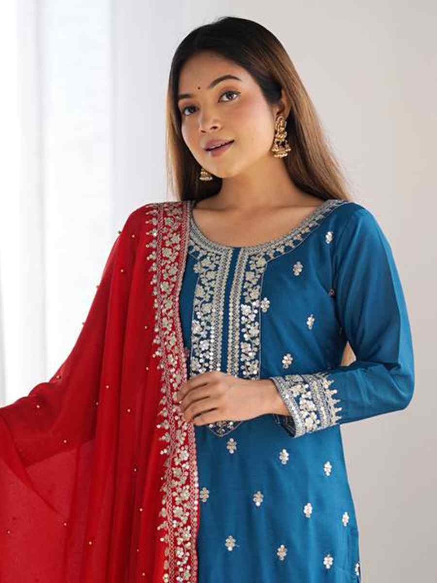 Blue Chinon Silk Embroidered Festival Casual Ready Palazzo Pant Salwar Kameez