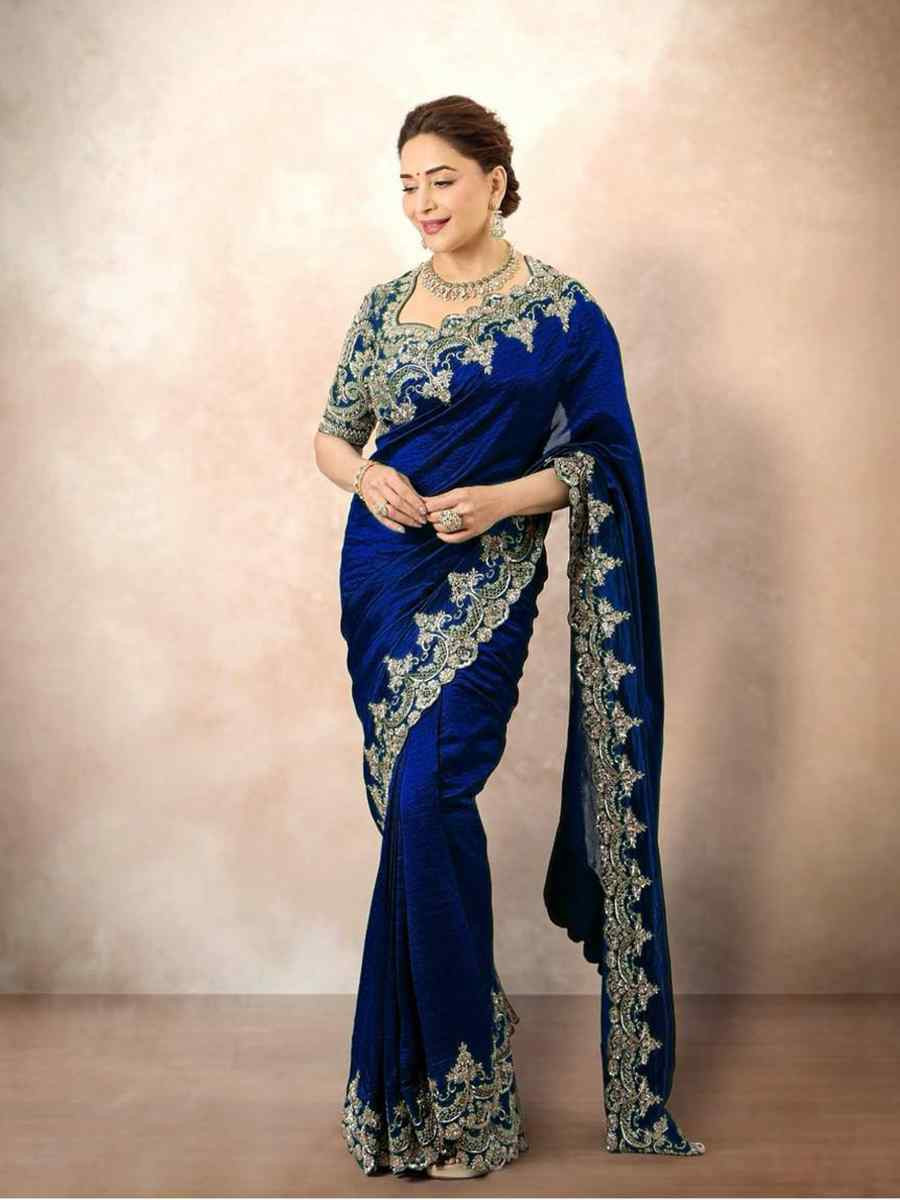 Blue Chinon Silk Embroidered Festival Wedding Fancy Heavy Border Saree