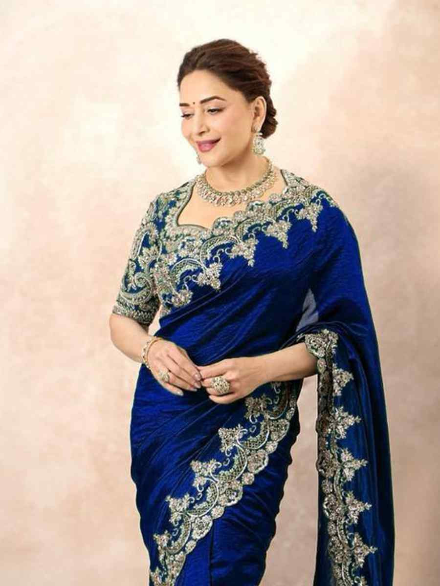 Blue Chinon Silk Embroidered Festival Wedding Fancy Heavy Border Saree