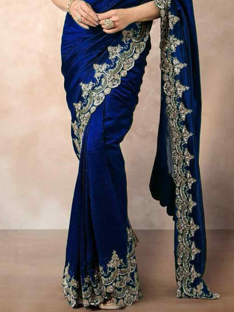Blue Chinon Silk Embroidered Festival Wedding Fancy Heavy Border Saree