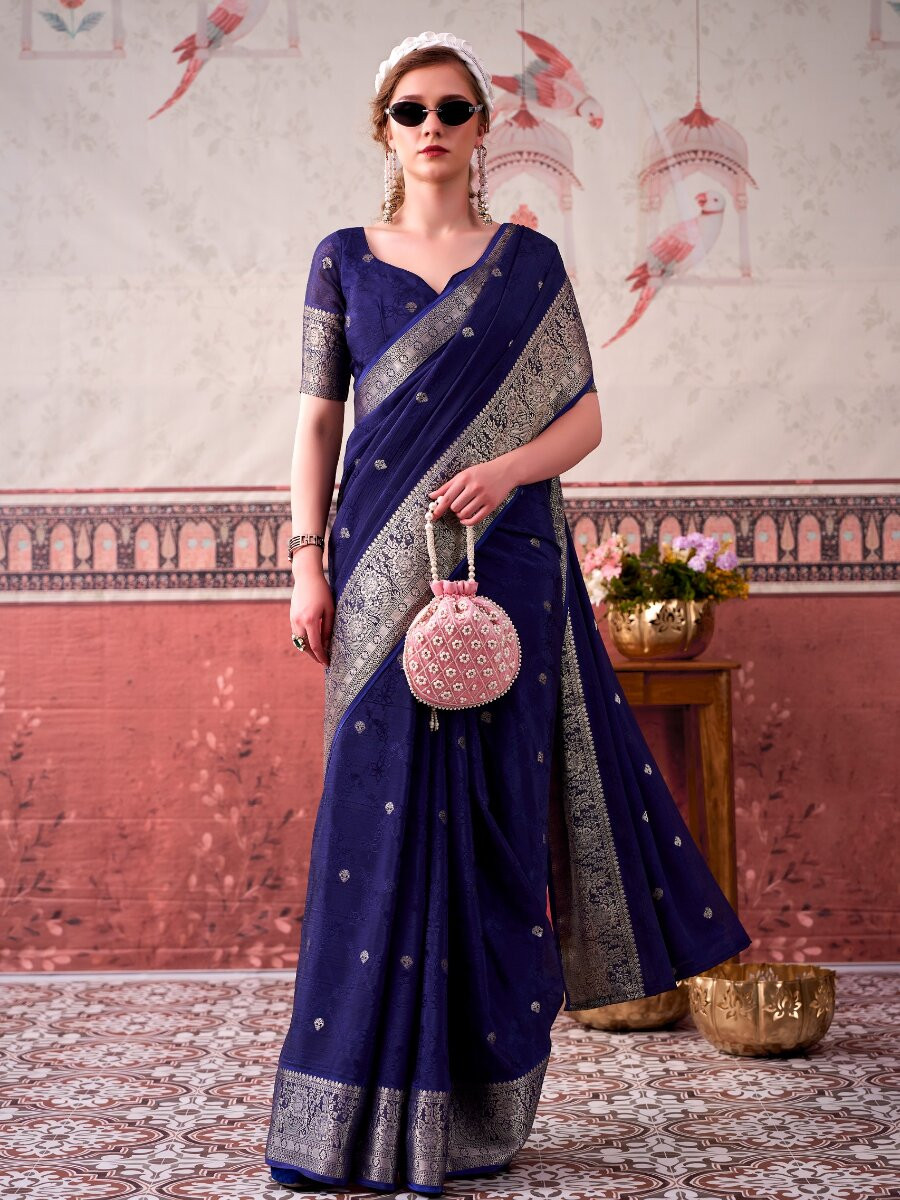 Blue Chinon Weaving Zari Printed Wedding Reception Party Festival Casual Heavy Border Sarees