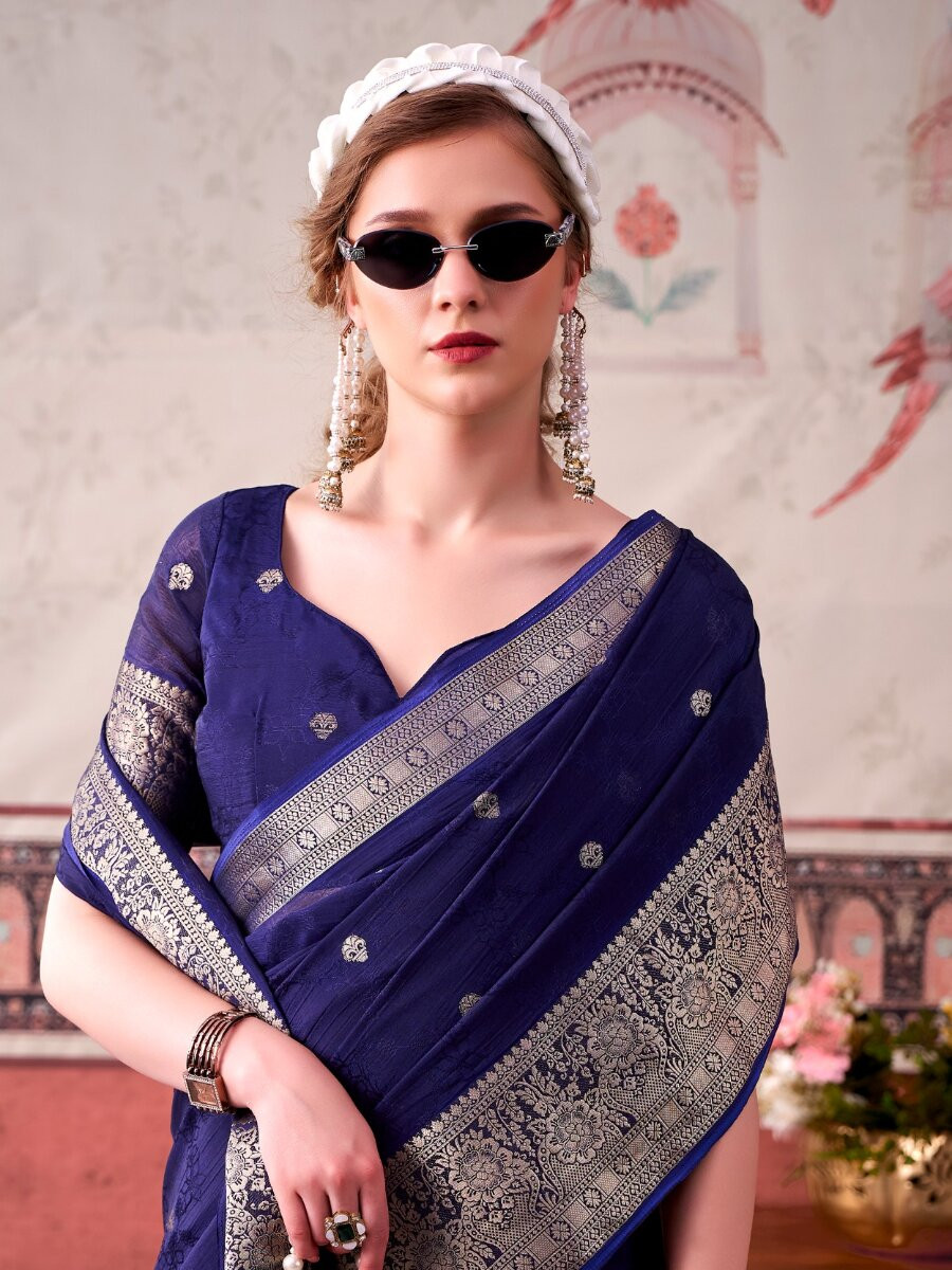 Blue Chinon Weaving Zari Printed Wedding Reception Party Festival Casual Heavy Border Sarees