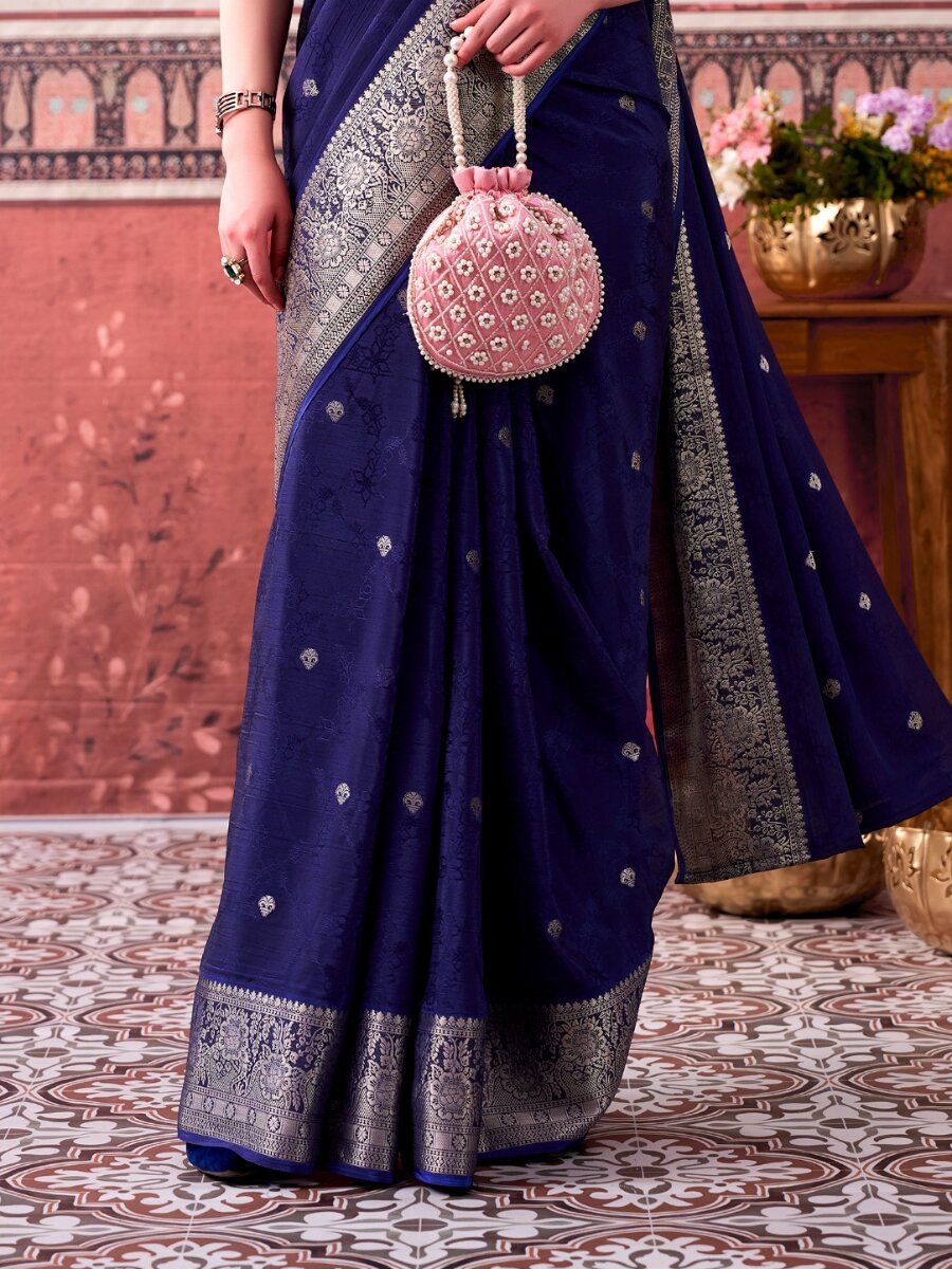Blue Chinon Weaving Zari Printed Wedding Reception Party Festival Casual Heavy Border Sarees