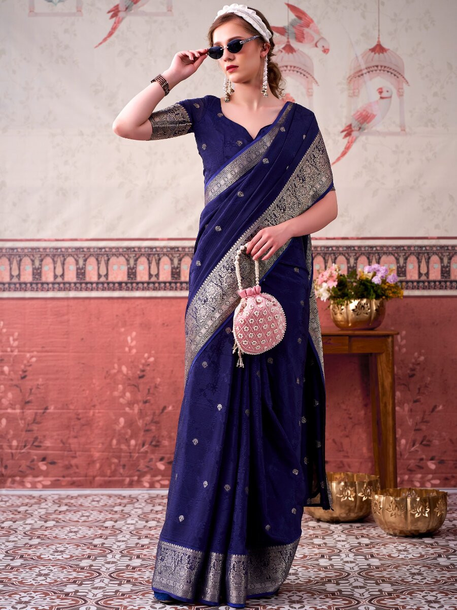 Blue Chinon Weaving Zari Printed Wedding Reception Party Festival Casual Heavy Border Sarees