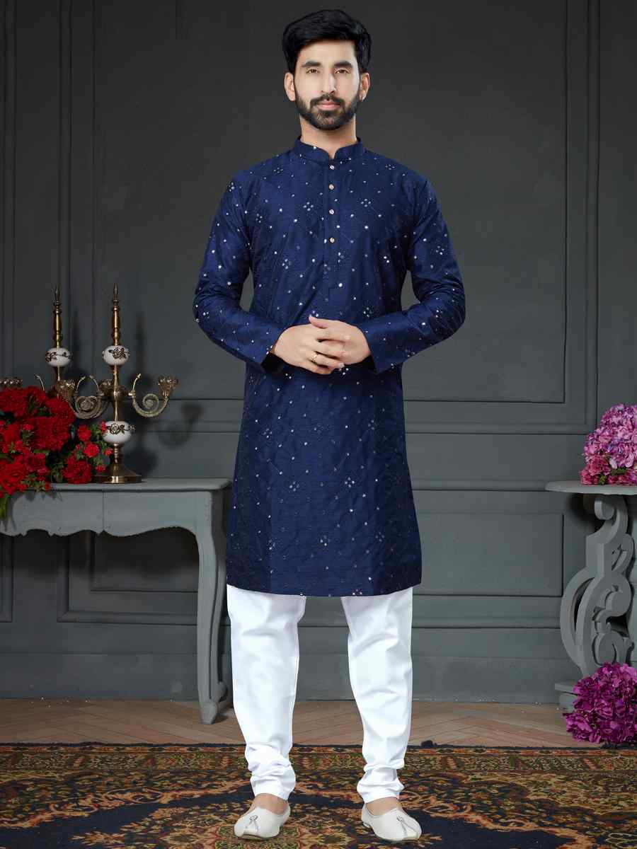 Blue Cotton Art Silk Woven Festival Kurta