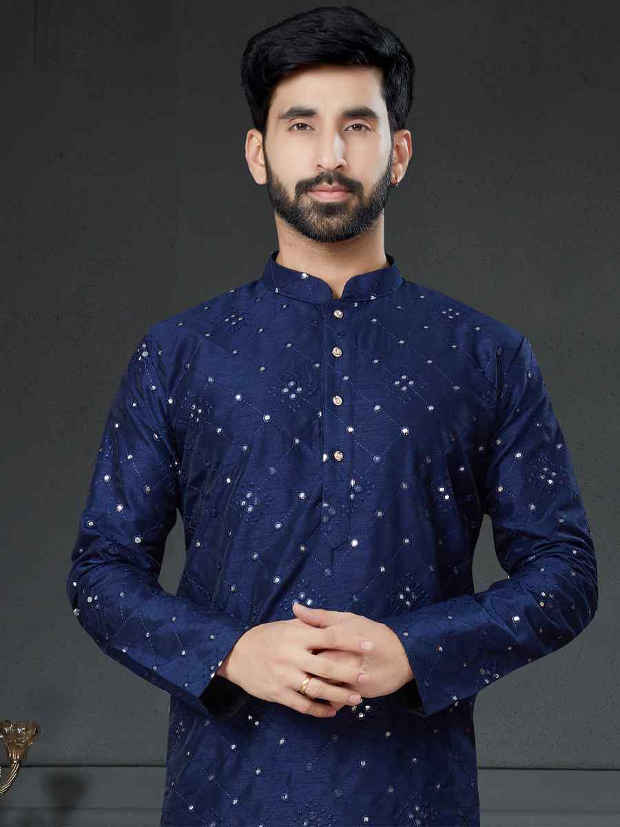 Blue Cotton Art Silk Woven Festival Kurta